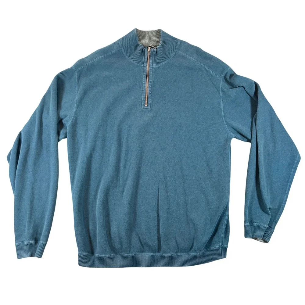 Tommy Bahama‎ Mens 2XL Quarter Zip Pullover Sweater Teal Blue Mock Neck Ribbed